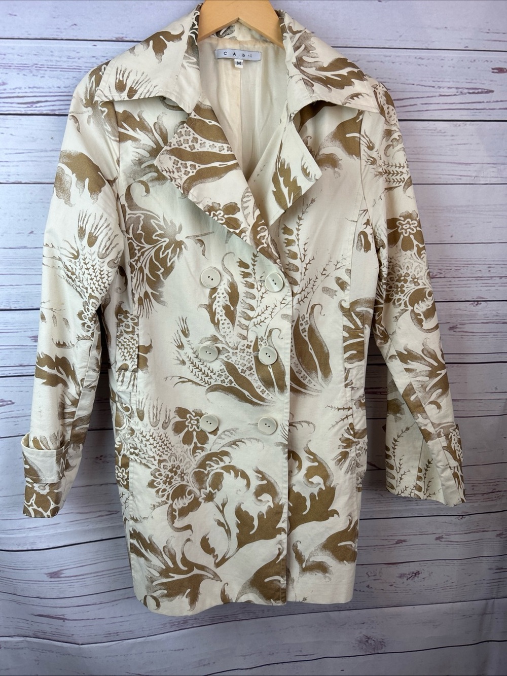 CAbi Sz Med Double Breasted WIMBLEDON TRENCH COAT Tie Belt Gold Print LINED 461 - Picture 1 of 6